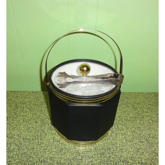 Vintage Preferred Stock Black Octagonal Ice Bucket w/ Gold Trim tongs mcm 1970s - Picture 7 of 9